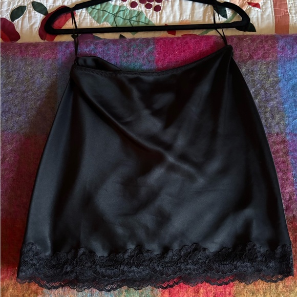 Reformation Black Satin Slip Skirt with Lace Trim - Picture 4 of 5